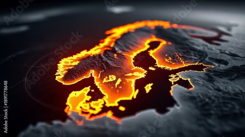 Map of Europe with a red and orange glow. The map is distorted and the colors are intense