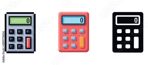 Three colorful calculators with zero display on white background
