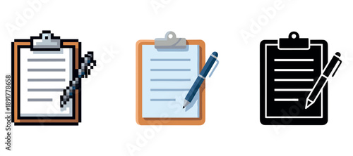 Set of three clipboard icons with pens in various styles