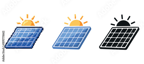 Pixel art solar panels with sun icons in different styles