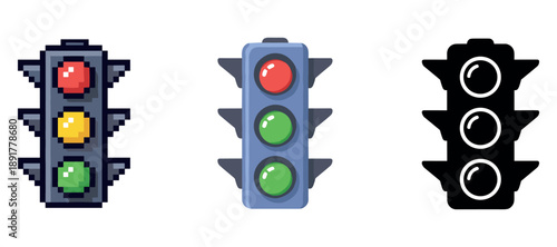 Three traffic lights: pixel art, realistic, silhouette