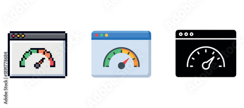 Web performance icons: speed meter concept in digital interfaces