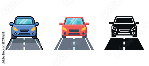 Pixelated, flat, and silhouette car design variations in a row