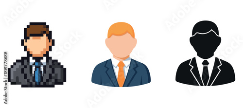 Pixelated, flat, silhouette male avatars of caucasian adult in suits