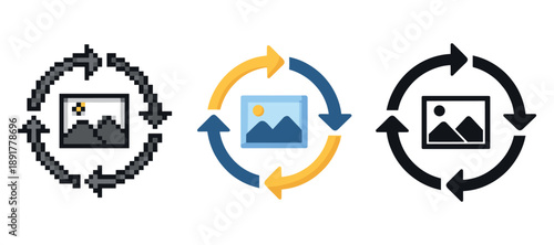 Evolution of image icons: pixelated to modern colorful circular arrows