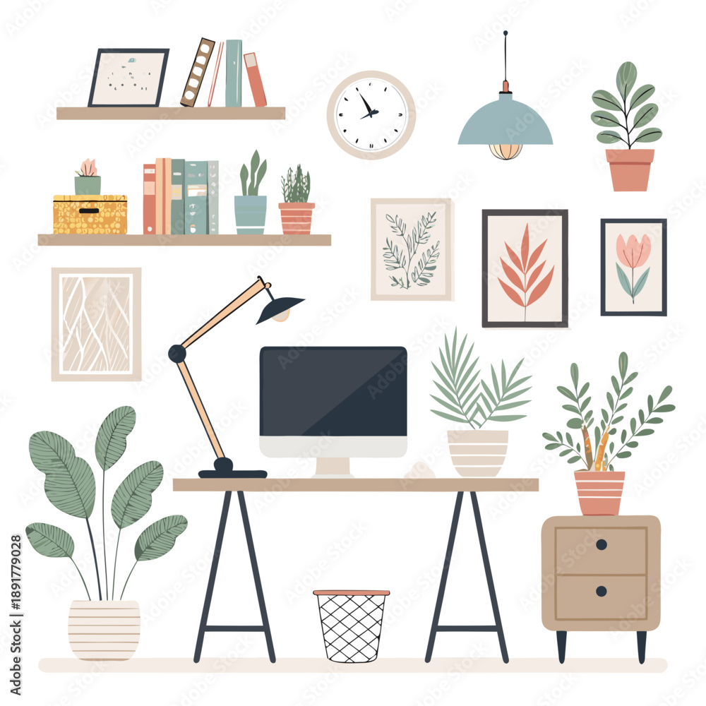 Fototapeta premium Modern home office desk setup with computer, plants, and decorative elements in a cozy workspace environment viewed from directly above.
