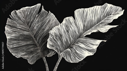 Two leaves are drawn in black and white. The leaves are thin and have a delicate appearance