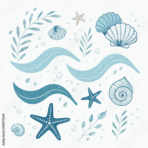 Collection of ocean-inspired elements in a flat vector illustration set for decorative use