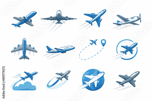 Blue airplane icons set: flight, travel, aviation, global journey, flat vector illustration