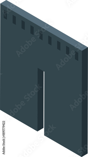 Isometric view of a dark gray medieval wall with an open gate and battlements, providing security and access to a fortified city