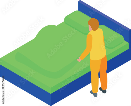 Janitor making a bed in a hotel room, isometric vector illustration