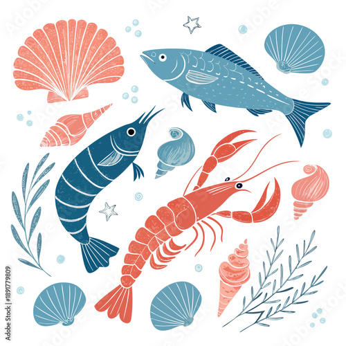 Vector illustration of seafood elements including fish, shrimp, and shells in a flat design style