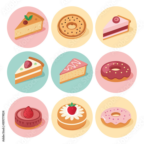 Collection of Simple Dessert Illustrations Featuring Cakes and Donuts in a Flat Vector Style