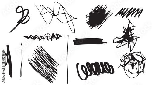A collection of various black scribbles and hand-drawn lines on a white background