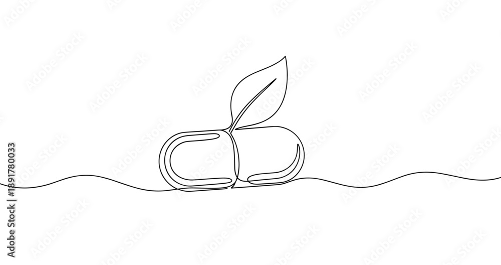 Obraz premium Continuous line art of natural supplement capsule with leaf. No editable stroke