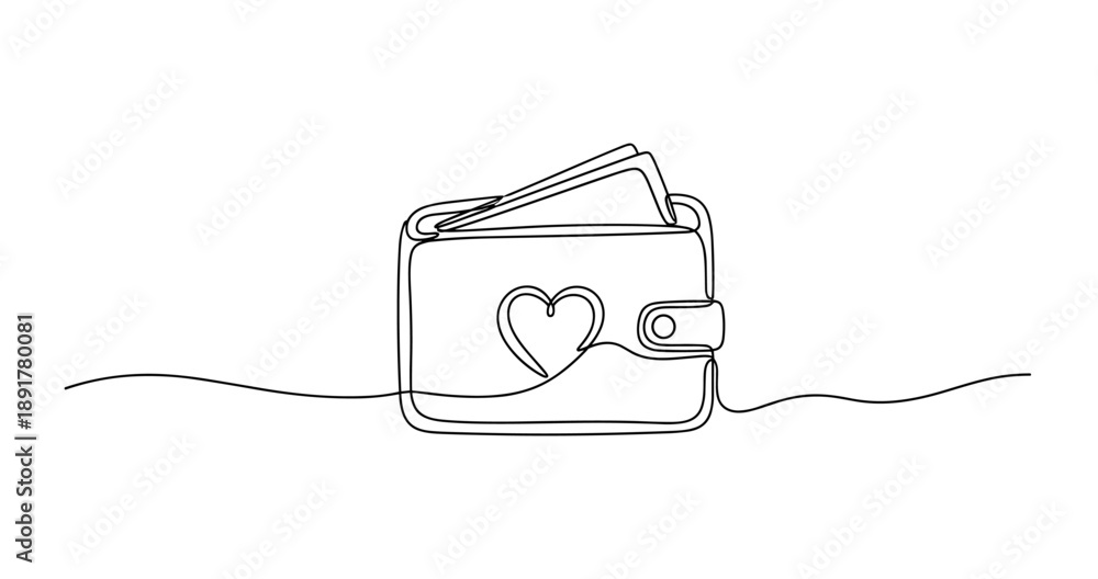 Obraz premium Continuous line drawing of wallet with cards and heart design. No editable stroke