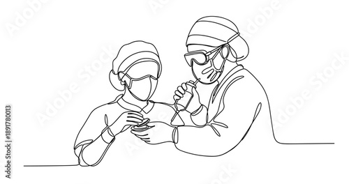 Line art of medical professionals performing lab work. No editable stroke