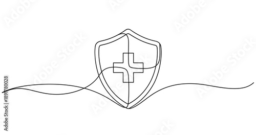 Abstract single line drawing of medical shield with cross symbol. No editable stroke
