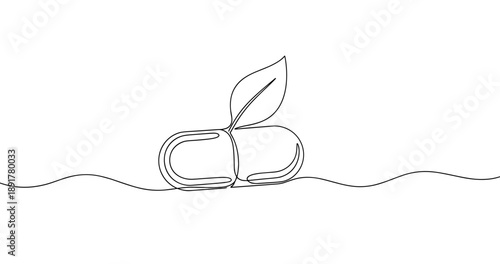 Continuous line art of natural supplement capsule with leaf. No editable stroke