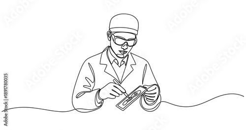 Line art of scientist performing test with pipette and safety gear. No editable stroke