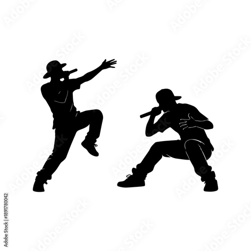 Silhouette of two rappers performing on stage with microphones isolated on white background.