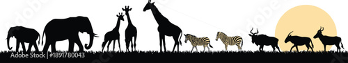 African wildlife silhouette panorama, safari animals including elephant giraffe zebra antelope, savanna landscape at sunset, nature vector illustration