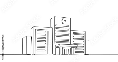 Minimalist line art of a modern hospital building. No editable stroke