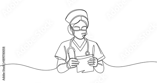 Line art of female healthcare worker in uniform with stethoscope and clipboard. No editable stroke