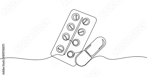 Minimalist line art of pills and capsule on white background. No editable stroke