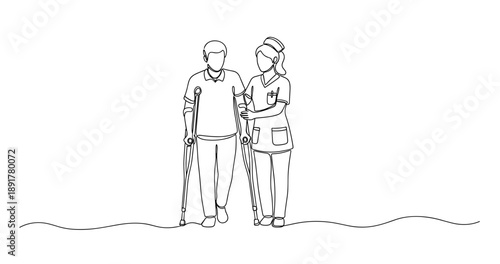 Nurse assisting male patient with crutches — line art illustration. No editable stroke