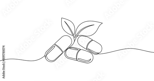 Line art of capsules with plant leaves: natural medicine concept. No editable stroke