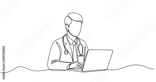 Male doctor working on laptop with stethoscope in minimalist line art. No editable stroke