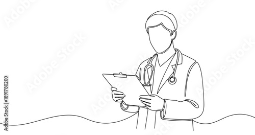 Male doctor in lab coat with stethoscope holding clipboard line art. No editable stroke