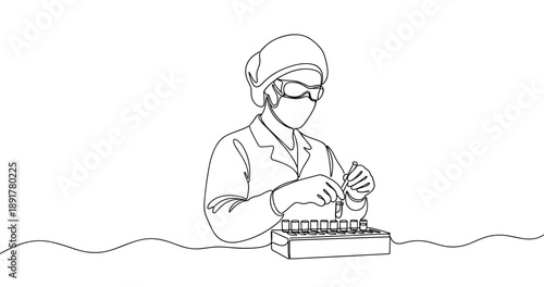 Female scientist in lab analyzing test tubes - line art illustration. No editable stroke