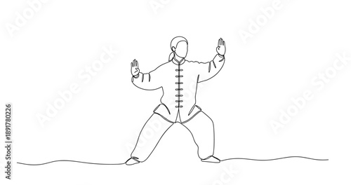 Line art illustration of asian male practicing tai chi in traditional outfit. No editable stroke