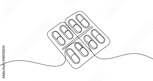 Minimalist continuous line drawing of a blister pack of capsules. No editable stroke
