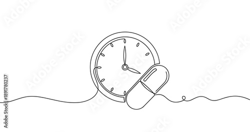 Continuous line art of clock with capsule emphasizing time and medicine concept. No editable stroke