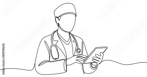 Continuous line drawing of male doctor with stethoscope using tablet. No editable stroke