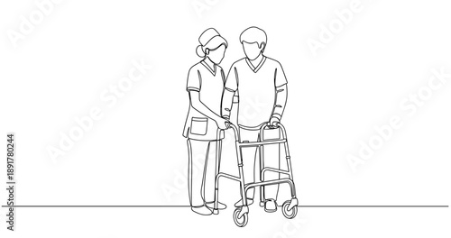 Female nurse assisting young male adult with walker. No editable stroke