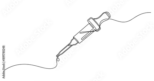 Continuous line art of medical syringe with droplet on white background. No editable stroke