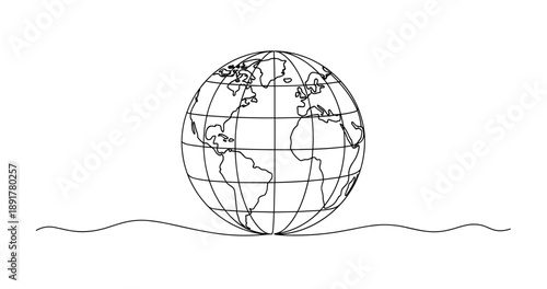 Black and white globe outline illustration of earth with continents and gridlines. No editable stroke