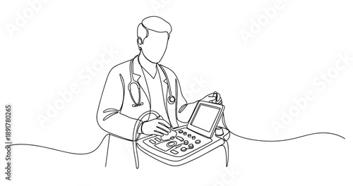 Doctor operating ultrasound machine line art illustration. No editable stroke