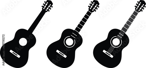Black acoustic guitar icon set featuring three different design styles from solid silhouette to detailed string illustration for musical instrument branding.