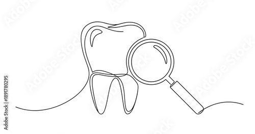 Line art of tooth with magnifying glass highlighting dental health concept. No editable stroke