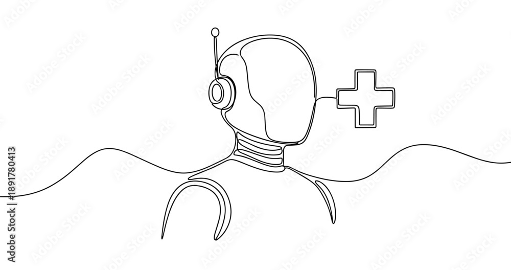 Obraz premium Ai medical assistant robot with headset and medical cross in minimal line art. No editable stroke