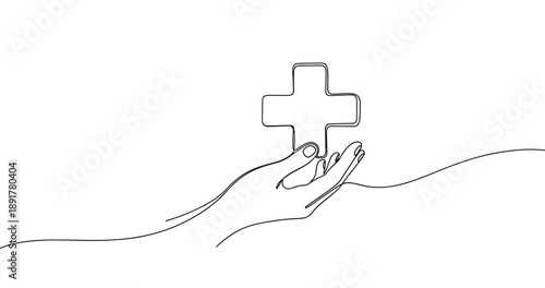 Minimalist line art: hand holding medical cross symbolizing healthcare support. No editable stroke