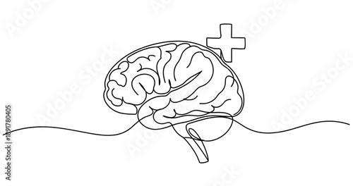 Continuous line drawing of brain and medical cross symbol on white background. No editable stroke
