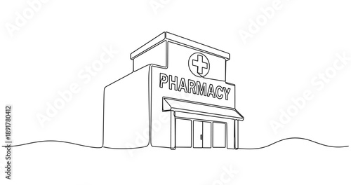 Simple line drawing of a pharmacy building with cross symbol and signage. No editable stroke