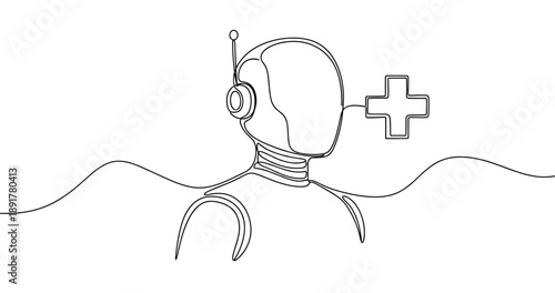 Ai medical assistant robot with headset and medical cross in minimal line art. No editable stroke