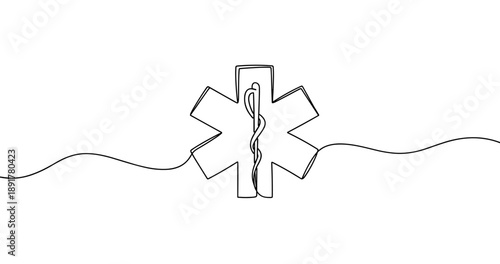 Minimalist medical symbol: continuous line star of life design. No editable stroke